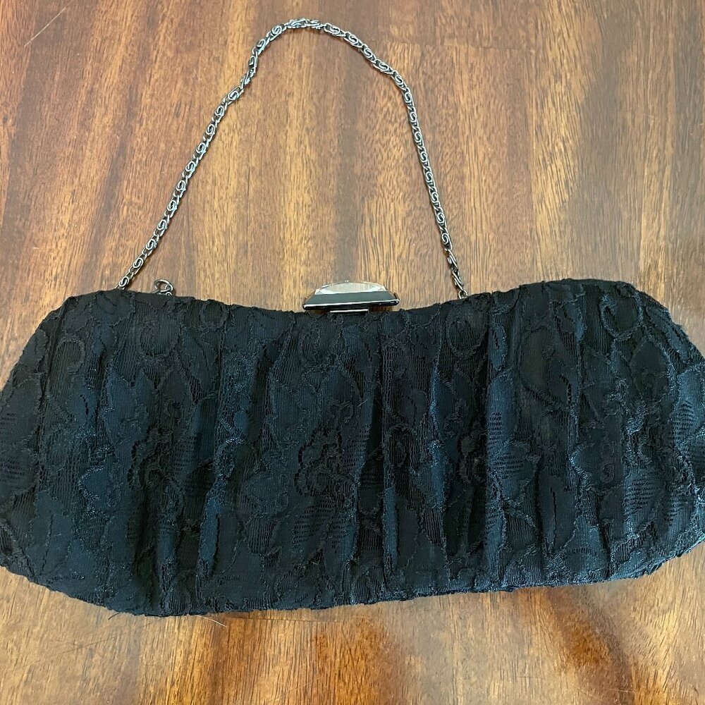 Jessica McClintock Black Lace Rhinestone Clasp Clutch Bag 12" x 4" Wedding